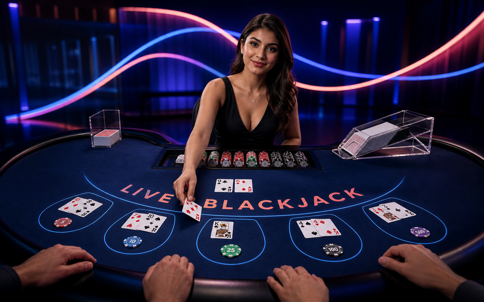 Live blackjack table with dealer and cards