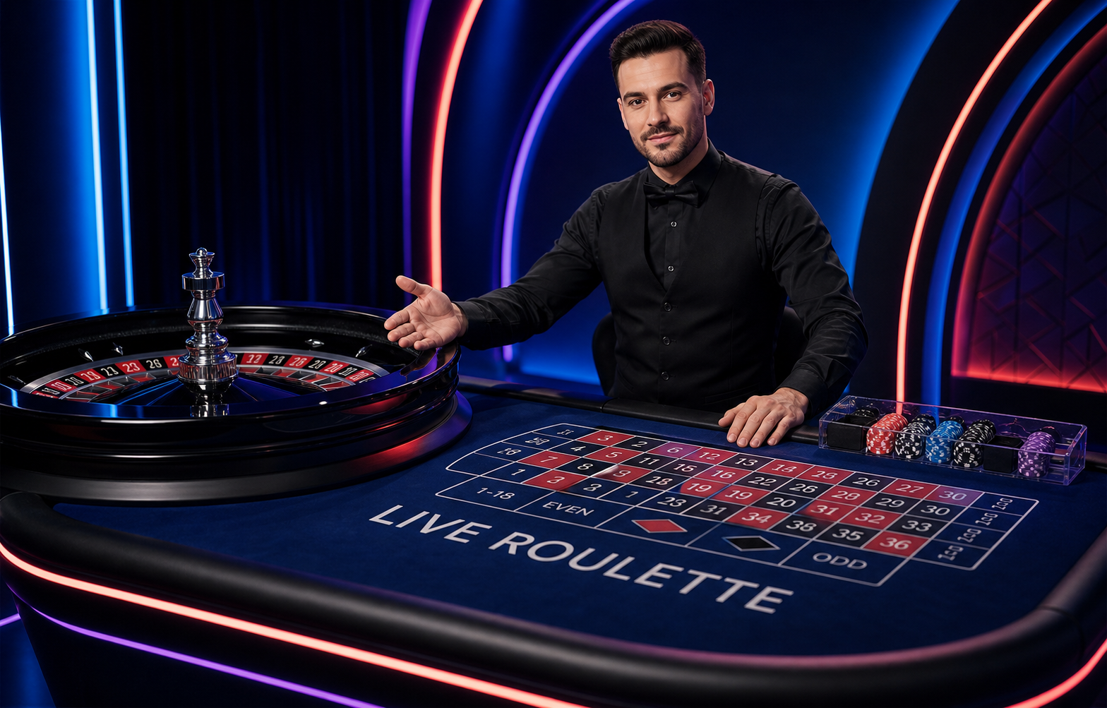 Live roulette wheel and dealer