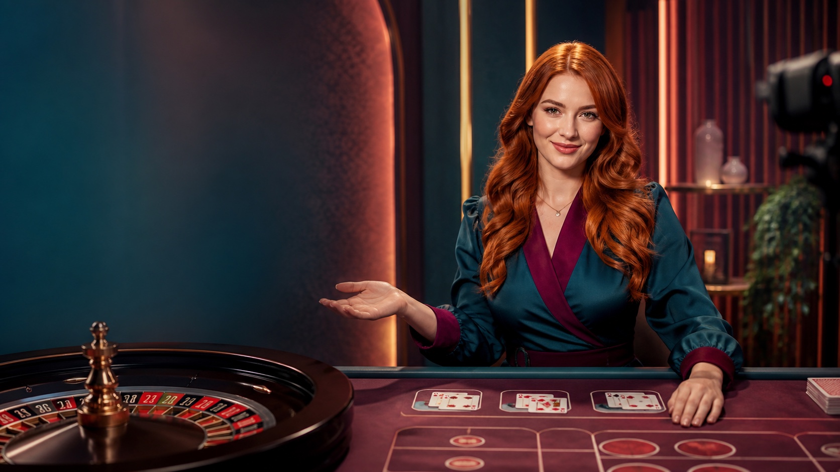 Live casino studio with roulette and card tables