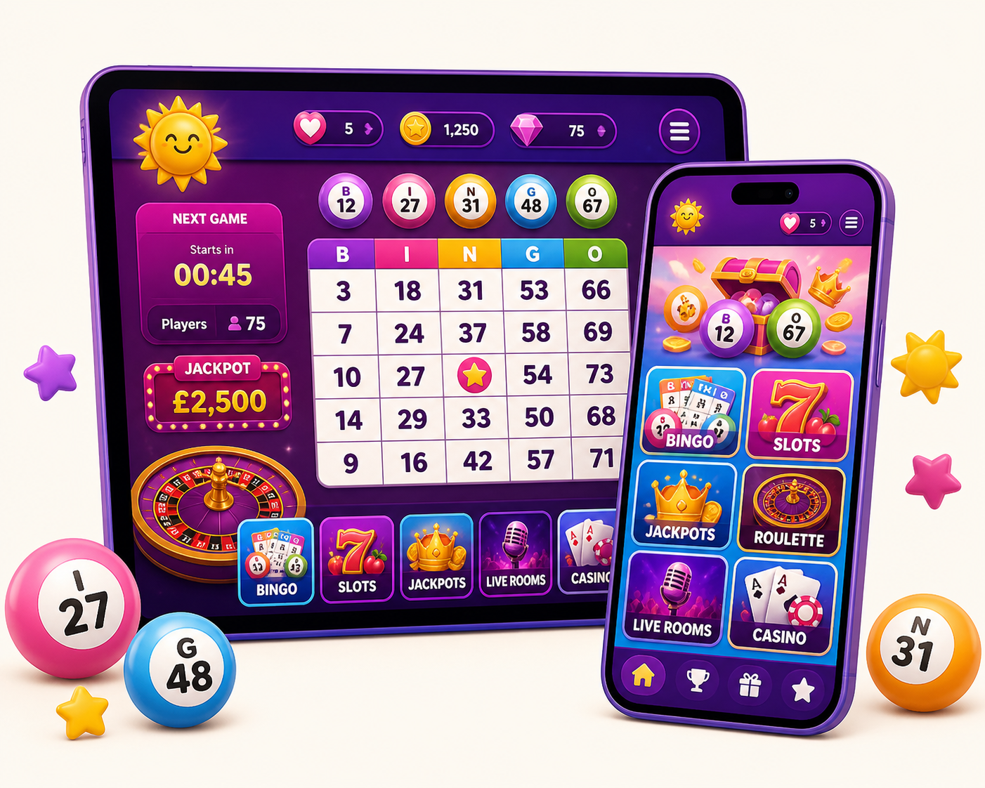 Colourful illustration of the Sun Bingo app on a tablet and smartphone