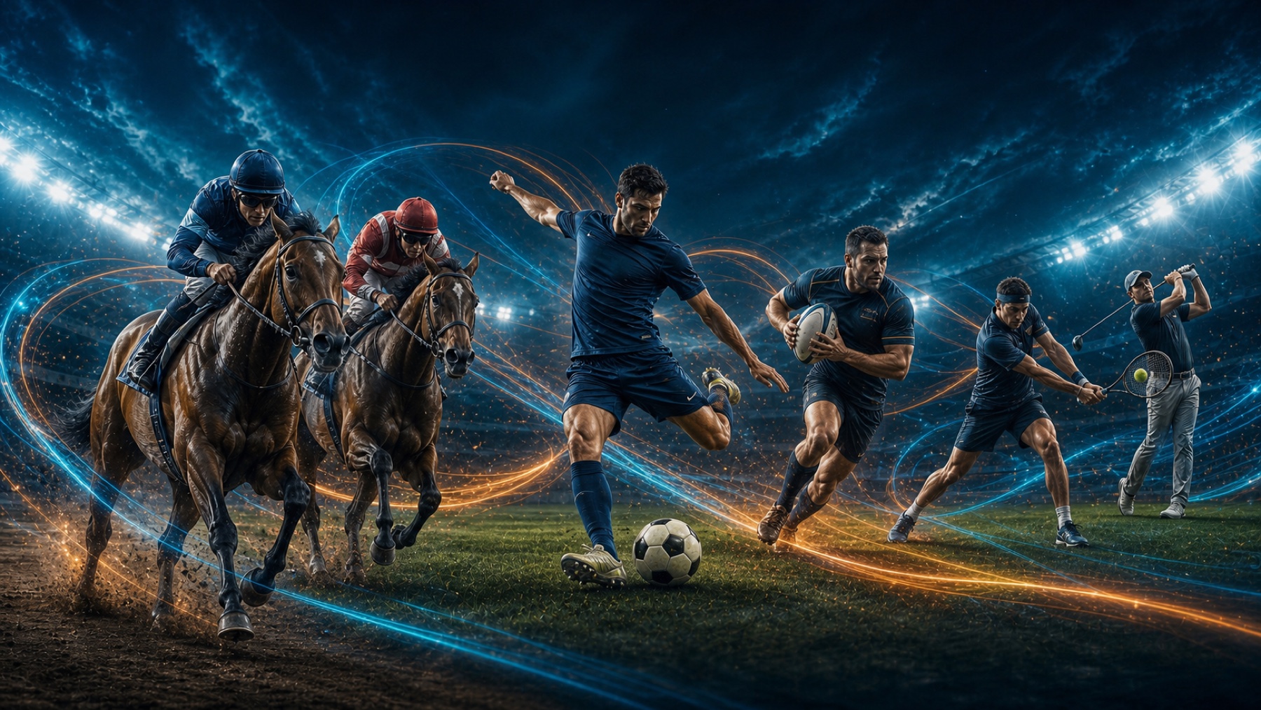 Football, horse racing, rugby, tennis and golf in a floodlit sports arena